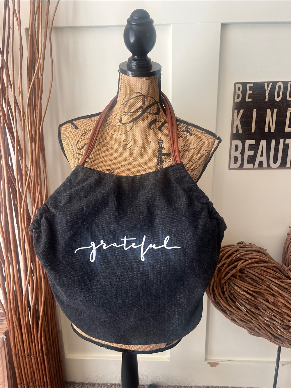 Grateful Black Canvas Tote with Brown Handles